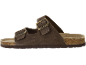 Brown suede two-strap sandals with metal buckles.