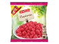 Bag of frozen raspberries with a wooden sign and preparation instructions.