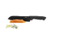 Kitchen knife with salmon fillet, lemon slices, and dill.
