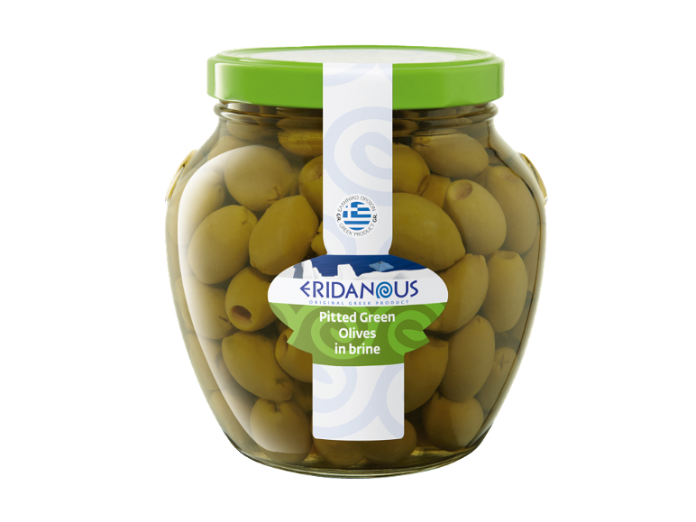 Jar of pitted green olives in brine, an original Greek product.