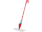 Red and white spray mop with a water tank, spraying water onto a cleaning pad.