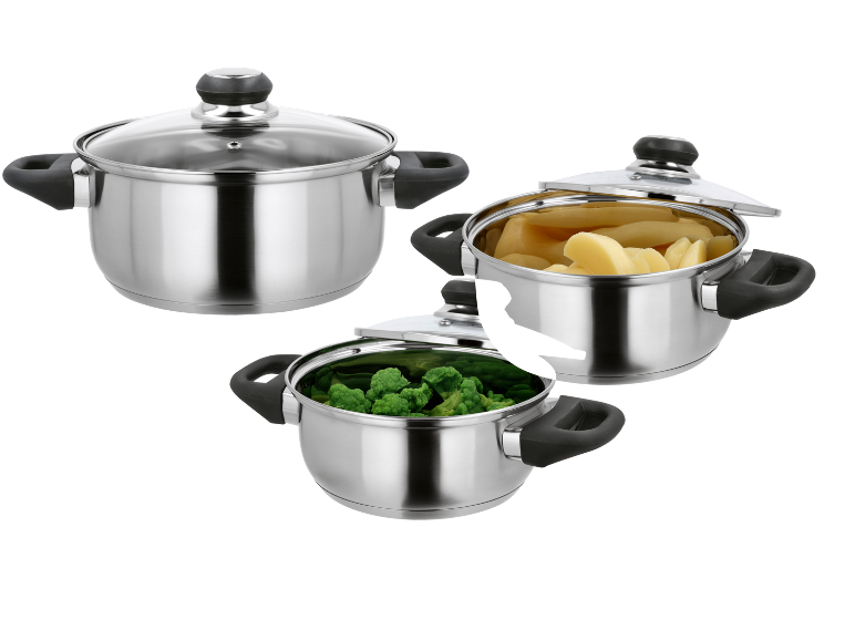 Three stainless steel pots with glass lids, one with potatoes and one with broccoli.