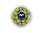 Nocellara green olives with rosemary and thyme in a plastic container.