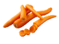 Carrots, some sliced, on a black background.
