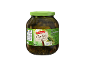 Pickled gherkins and silverskin onions in a glass jar with nutritional information and ingredients.