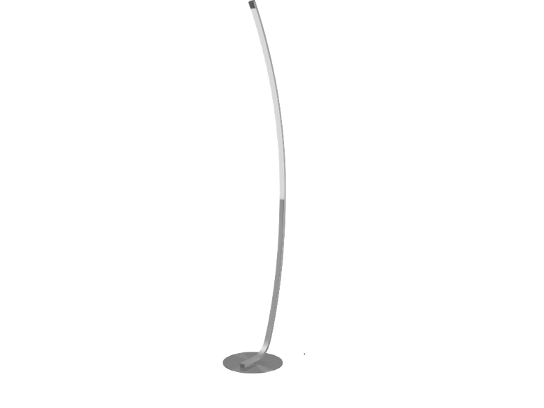 Modern LED floor lamp with a curved design and silver finish.