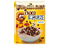 Chocolate cereal box with a space bee mascot and a bowl of cereal with milk.