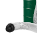Green rain barrel and white flexible hose with a clamp.