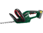 Cordless hedge trimmer with a battery pack, featuring a green and black body with red accents.