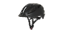 Black bicycle helmet with white reflective stripes and adjustable straps.