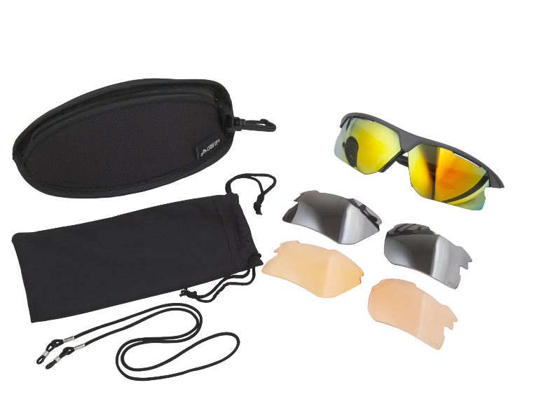 Sports sunglasses with interchangeable lenses, case, pouch, and neck strap.