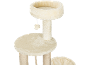Beige cat tree with multiple levels, scratching post, and hanging toy.