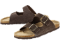 Brown suede sandals with two straps and metal buckles.