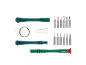 A set of precision screwdrivers and tools for electronics repair, including a green handle and various bits.