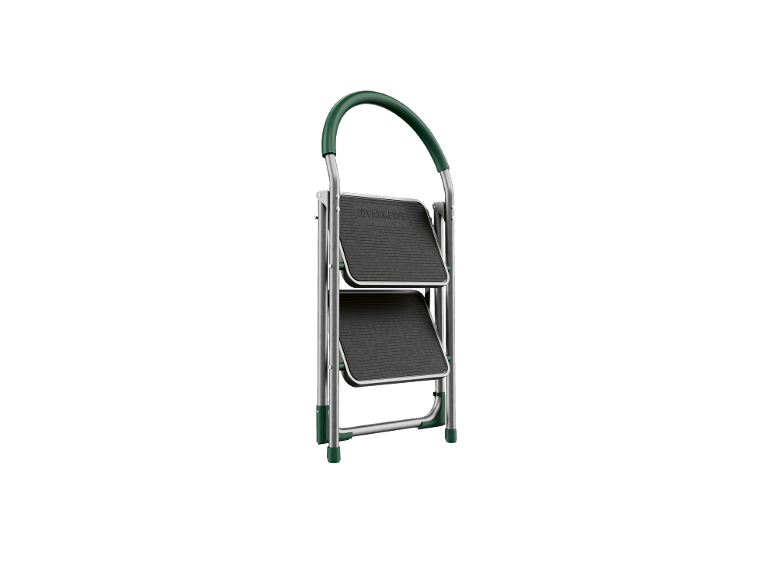 Foldable two-step ladder with a metal frame and green details.