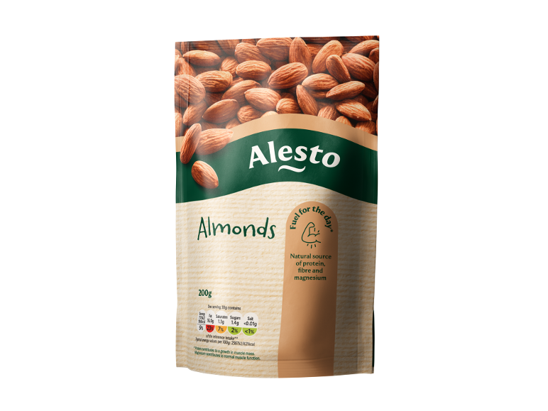 A pack of almonds with nutritional information and a note that it's a natural source of protein.