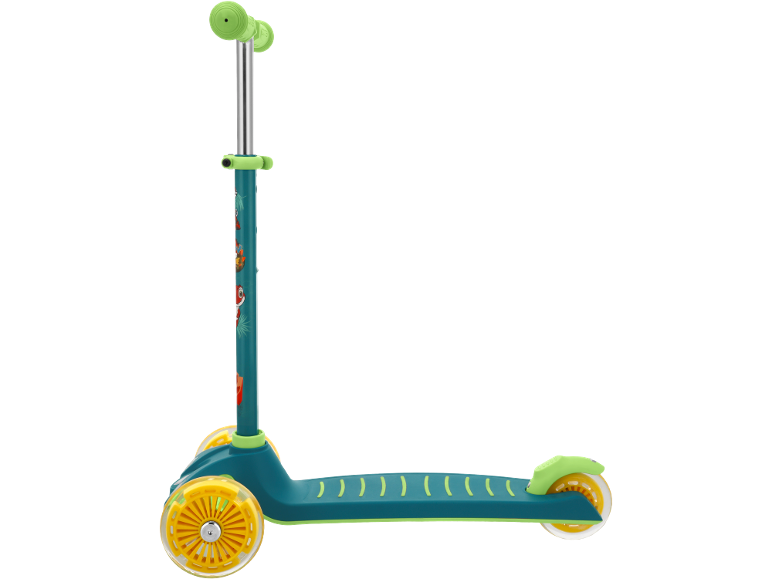 Green and blue children's scooter with yellow wheels and colorful animal decals.