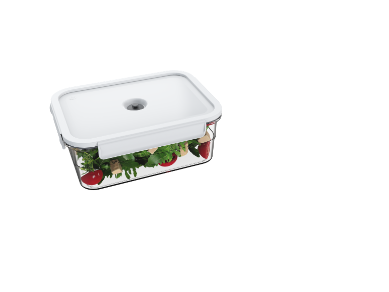 Transparent food container with a white lid, filled with salad, tomatoes, and cheese.