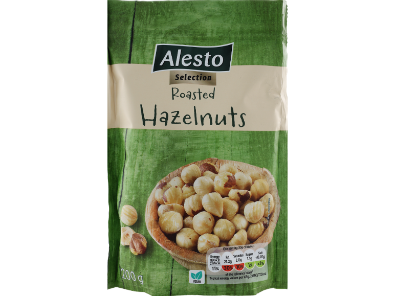 Roasted hazelnuts in a green and beige bag, with nutritional information.