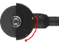 Angle grinder with blade guard and a red arrow indicating the direction of rotation.
