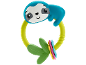 Blue and green sloth teether rattle with leaves and colorful rings.