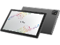 Two gray tablets, one with the screen on displaying a logo and colorful circuits.
