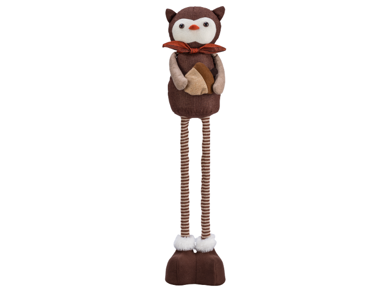 Brown fabric owl doorstop with long striped legs and white fluffy trim