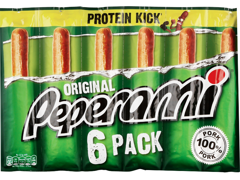 Pack of 6 pork meat sticks, with 'PROTEIN KICK' and '100% PORK' written on it.