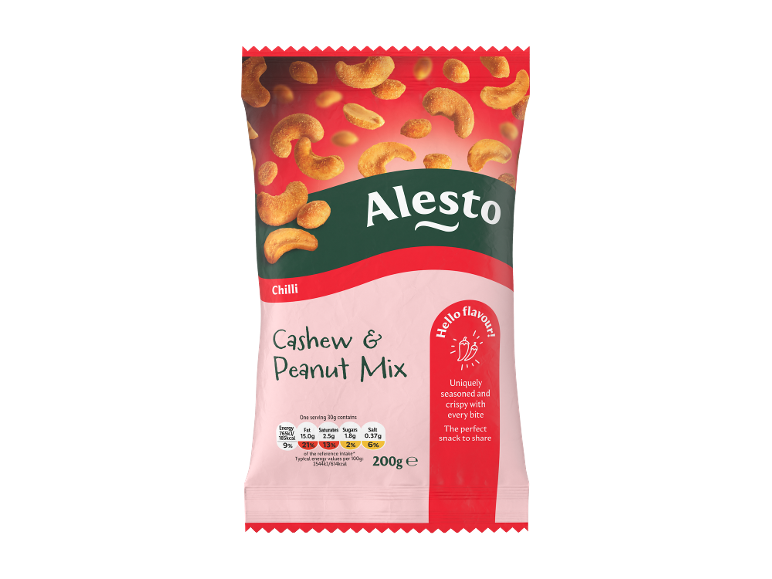 Bag of chili-flavored cashew and peanut mix, with nutritional information and descriptive text.