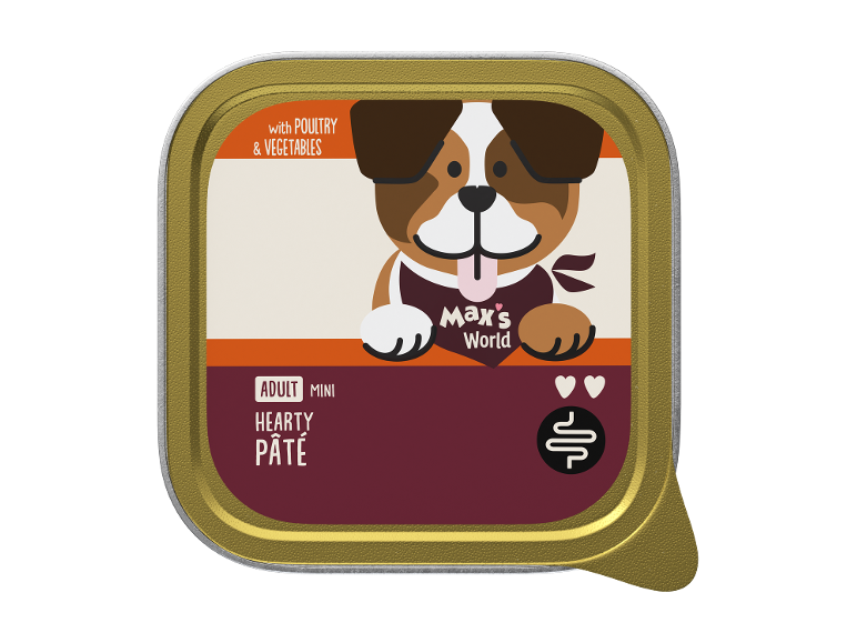Packaging for small adult dog pâté with poultry and vegetables, featuring a cartoon dog.