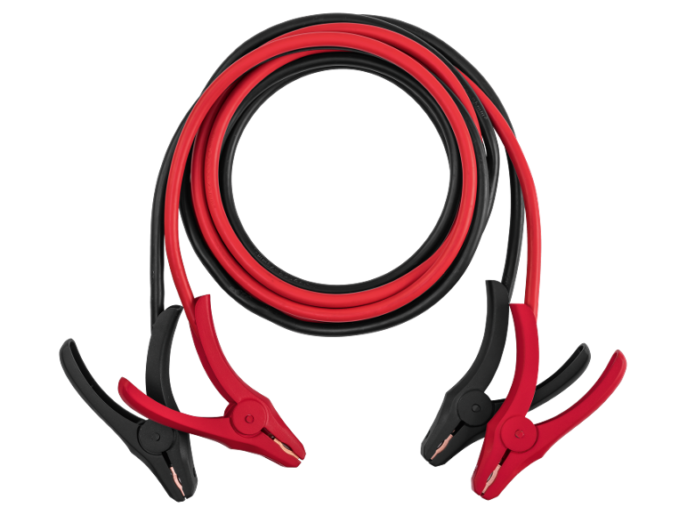 Red and black jump starter cables with clamps on a black background.