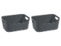 Two grey plastic storage baskets with handles.