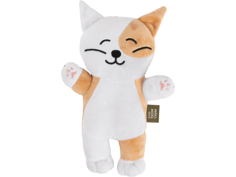 White and orange cat plush toy with a smiling face and paws with pink pads.