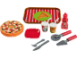 Toy pizza play set with tray, drinks, plates, and utensils.