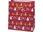 Red Christmas gift bag with gold and white Christmas trees and 'Merry Christmas' text.