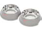 Two grey pet bowls with stainless steel inserts and pink hearts