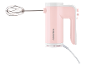 Pink electric hand mixer with a metal wire whisk.