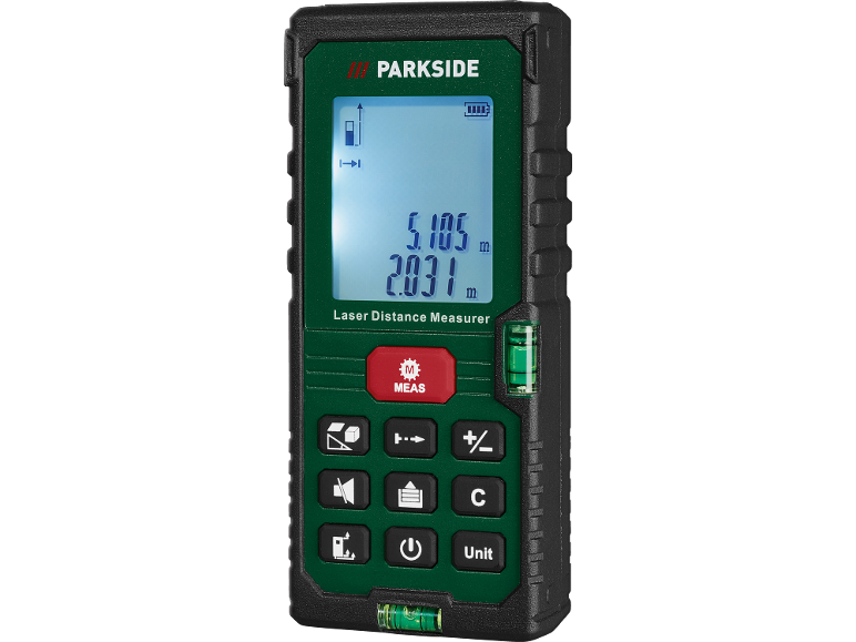 Laser distance measurer displaying 5.105m and 2.031m, with various function buttons.