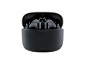 Black wireless earbuds in an open charging case.