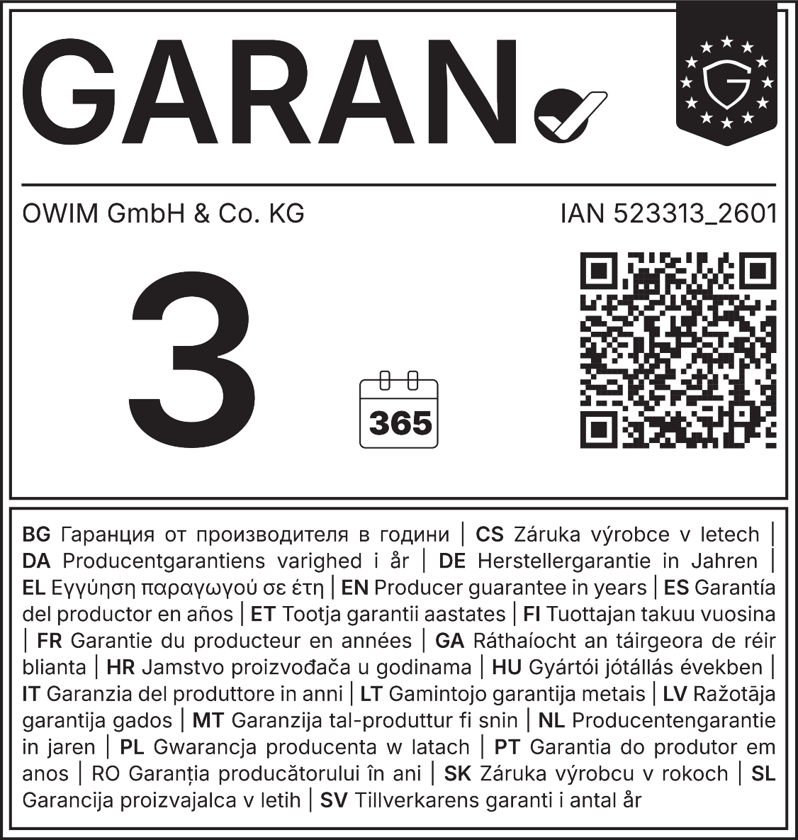 Guarantee 3 years, 365 days, IAN 523313_2601