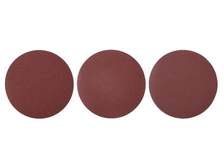 Three reddish-brown round sandpaper discs with varying textures.