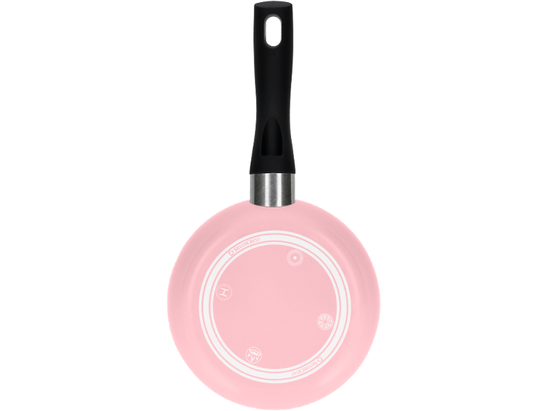 Pink frying pan with a black handle, showing the bottom with various symbols.