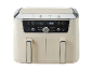 Cream double air fryer with digital display showing 180°C and cooking options.