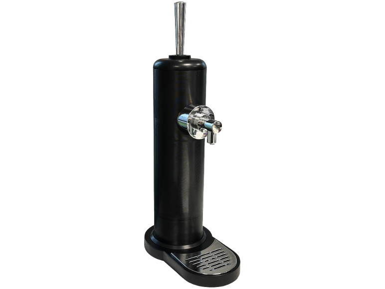 Black beverage dispenser with chrome tap and drip tray.