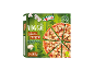 Packaged mushroom pizza with two pizzas, a green wooden background, and a vegetarian label.