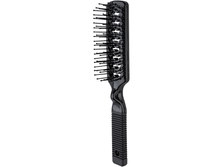 Black hairbrush with bristles and an ergonomic handle