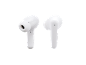 A pair of white wireless earbuds on a black background.