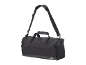 Black sports duffel bag with shoulder strap and side mesh pocket.