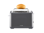 Dark grey toaster with a bread roll on top, against a black background.