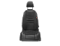 Black car seat cover with adjustable headrest and stitched details.